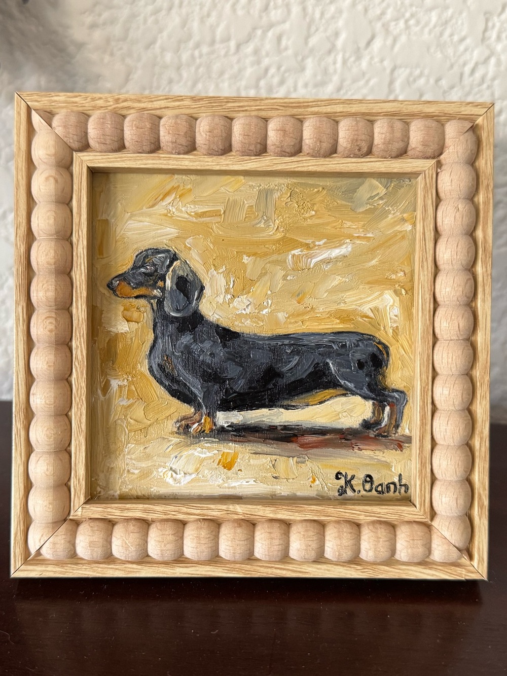 Original oil painting dachshund dog portrait signed framed 4x4 inches